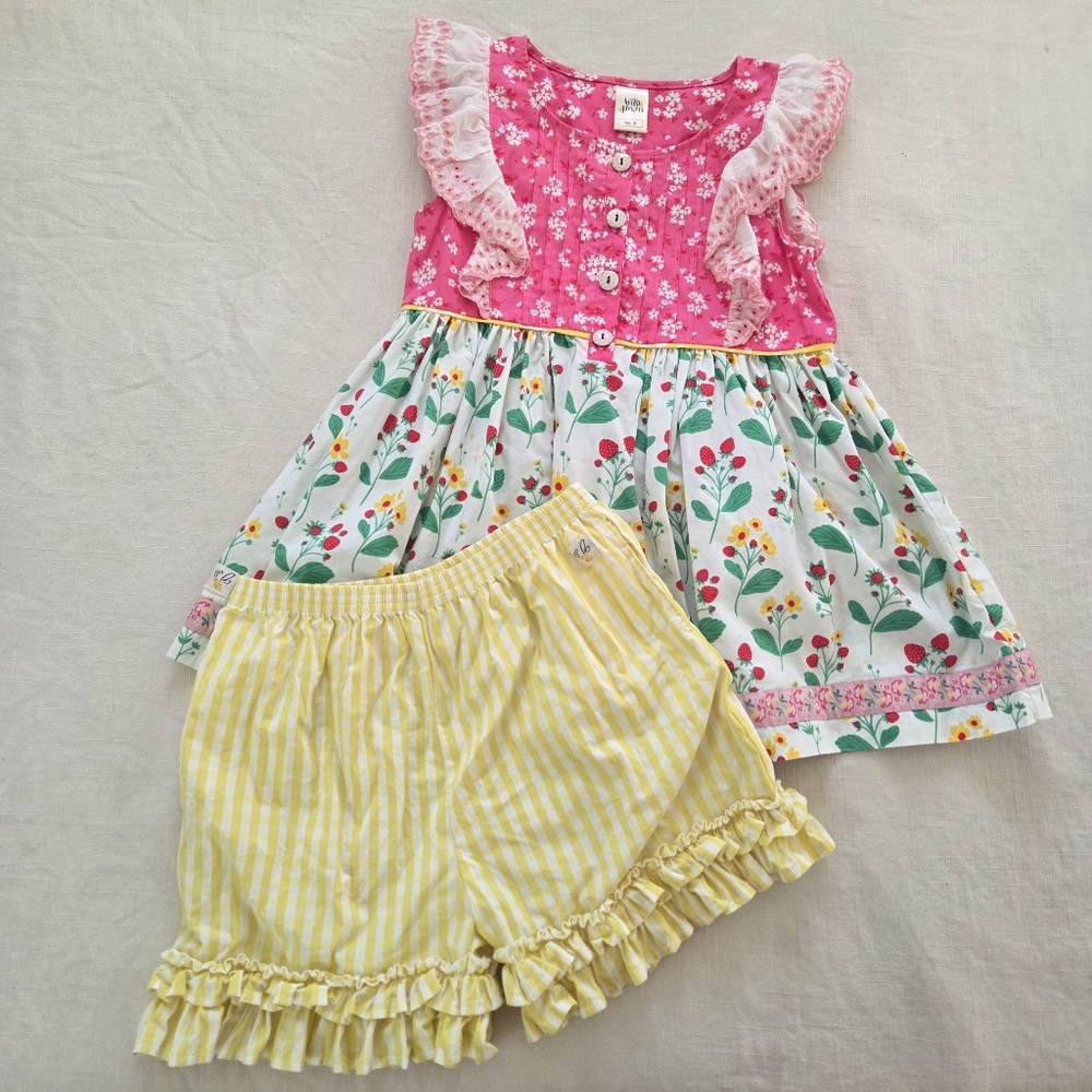 Wild Flowers Floral Strawberry Shirt Tunic Yellow Striped Shorts Kids 8 10 Girls